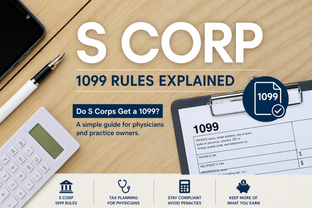 S corp 1099 rules illustration with desk, calculator, pen, and 1099 form for physicians and practice owners