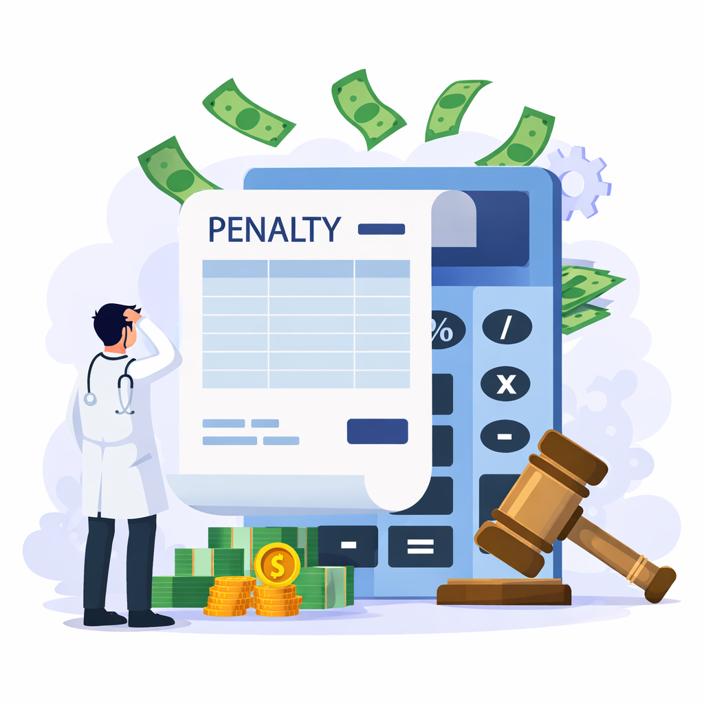 Illustration of a doctor looking at a penalty notice, calculator, cash, and judge’s gavel representing estimated tax penalties for physicians