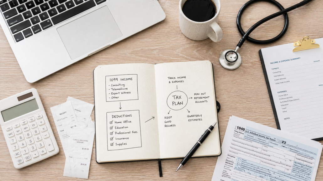 Desk with tax forms, calculator, stethoscope, and notes for physician side income tax planning