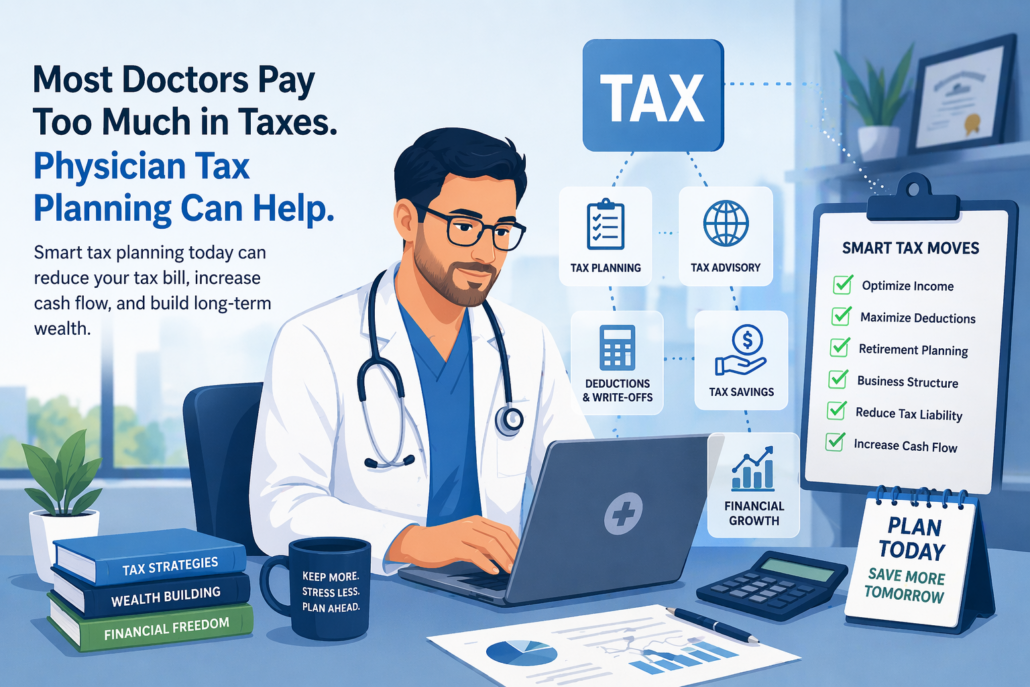 Doctor reviewing tax planning strategies on a laptop with icons for tax savings, deductions, retirement planning, and financial growth