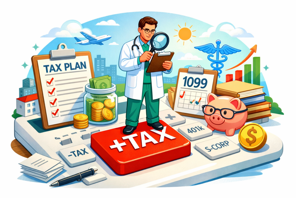 Illustration of a physician reviewing tax documents while standing on a calculator with tax planning and 1099 symbols