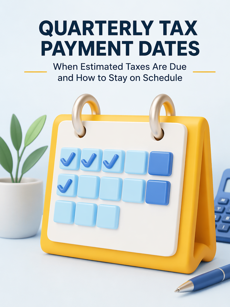 3D calendar illustration with the text Quarterly Tax Payment Dates for physicians and estimated tax schedule theme