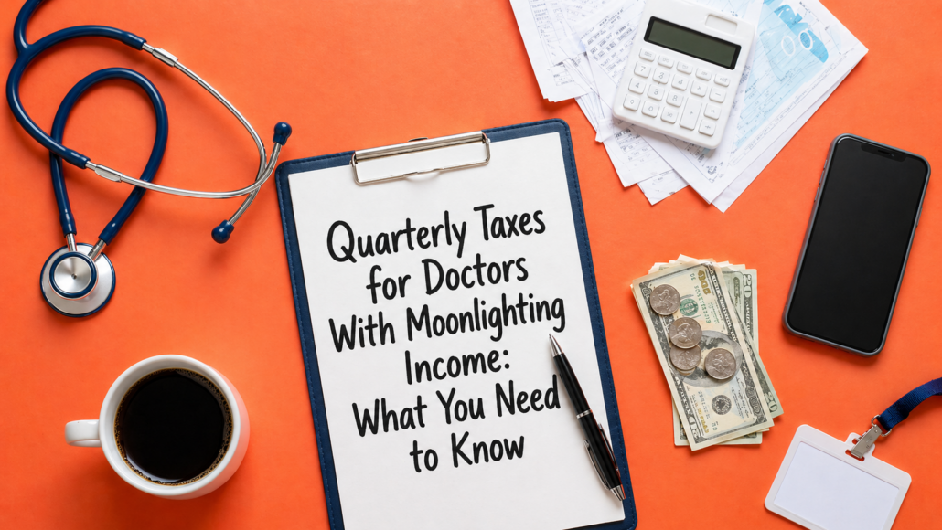 Clipboard showing quarterly taxes for doctors with moonlighting income beside medical and financial items