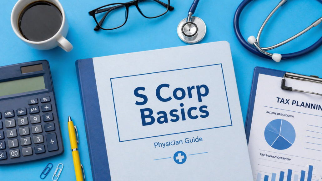 S Corp Basics physician guide with tax planning forms, calculator, stethoscope, and office tools on a blue desk.