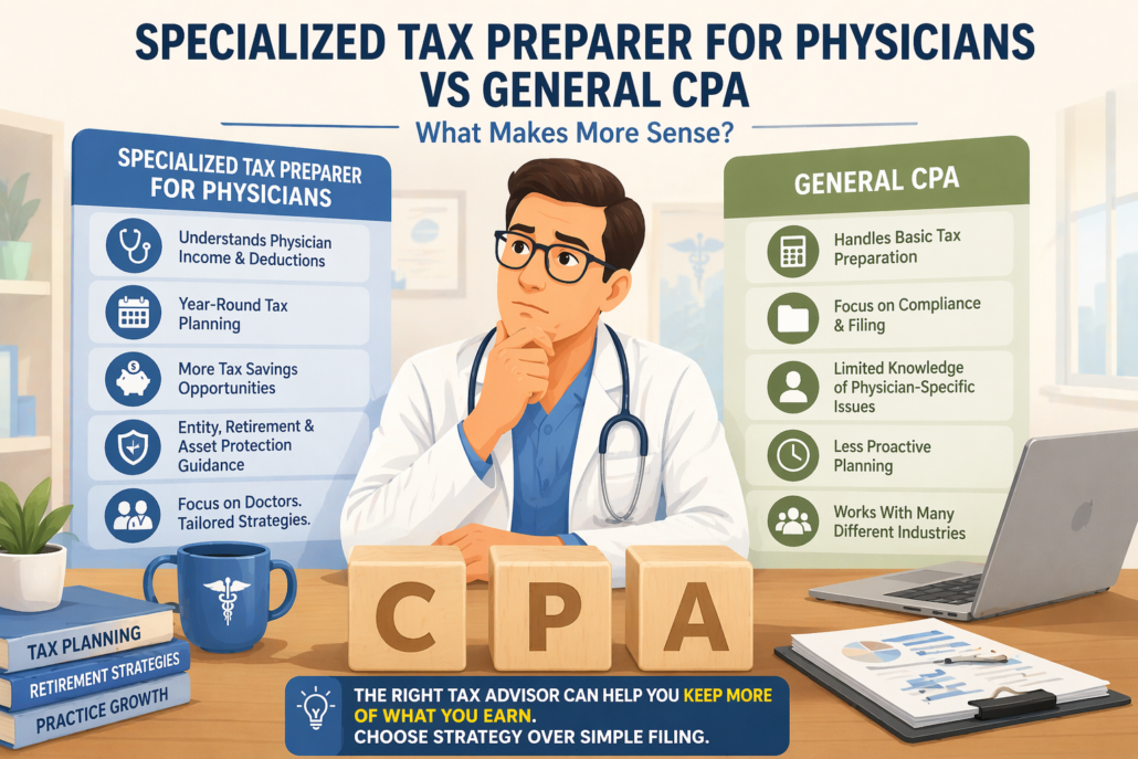 Illustration comparing a specialized tax preparer for physicians and a general CPA, with a doctor reviewing tax planning options