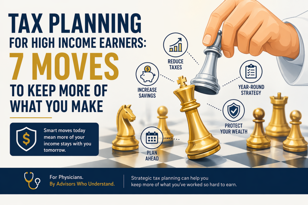 Illustration of a hand moving a silver chess piece toward a gold king on a chessboard to represent tax planning strategy for high-income earners