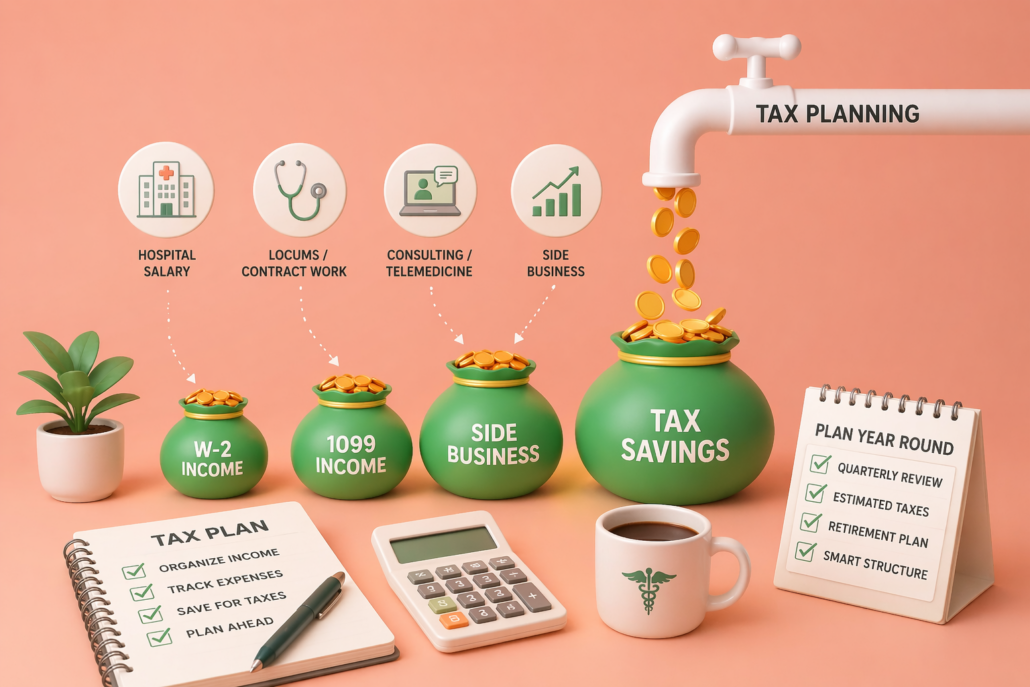 Illustration showing tax planning for physicians with multiple income streams using labeled income pots and tax savings icons
