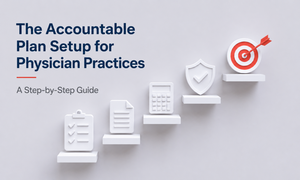 Minimalist 3D illustration showing the step-by-step setup process for accountable plans in physician practices with tax planning and reimbursement icons.