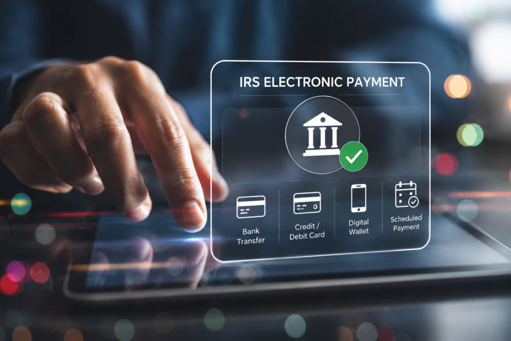 Digital IRS electronic payment interface showing online tax payment methods including bank transfer, debit card, and digital wallet options.