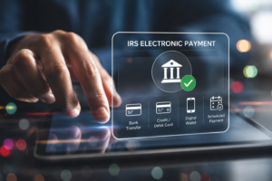 Digital IRS electronic payment interface showing online tax payment methods including bank transfer, debit card, and digital wallet options.