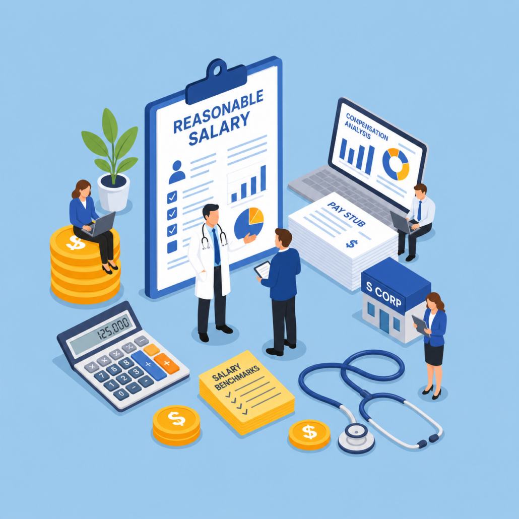 Illustration of a physician S Corp owner reviewing reasonable salary, pay stub, salary benchmarks, and compensation analysis with a tax advisor.