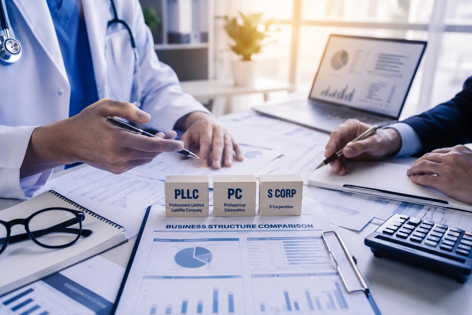 Physician reviewing PLLC, PC, and S Corp business structures with a tax advisor in a medical office setting