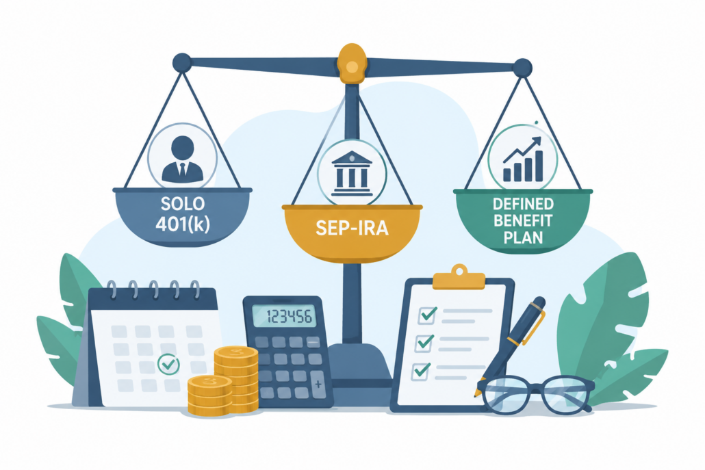 Illustration of Solo 401(k), SEP-IRA, and defined benefit plans on a scale for physician S Corp retirement planning.