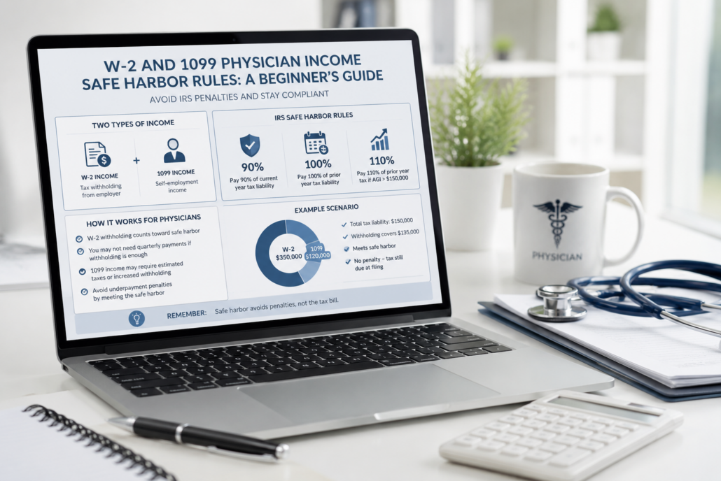 Laptop displaying W-2 and 1099 physician income safe harbor tax planning presentation in a modern medical office workspace
