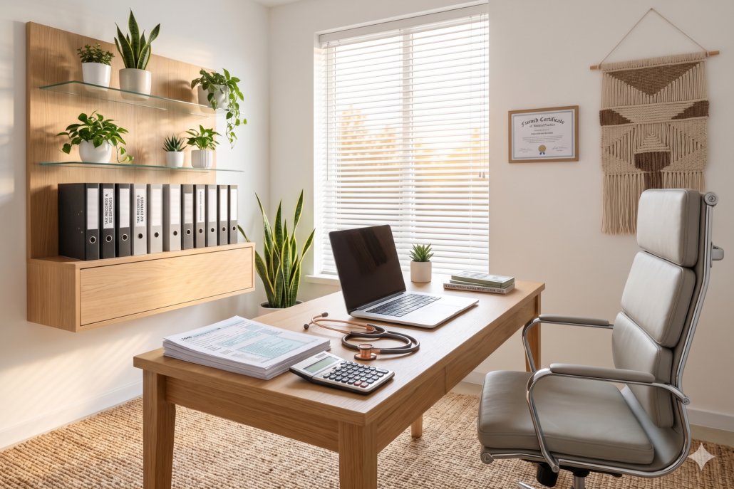 Home office desk with laptop stethoscope calculator and tax documents for medical professionals