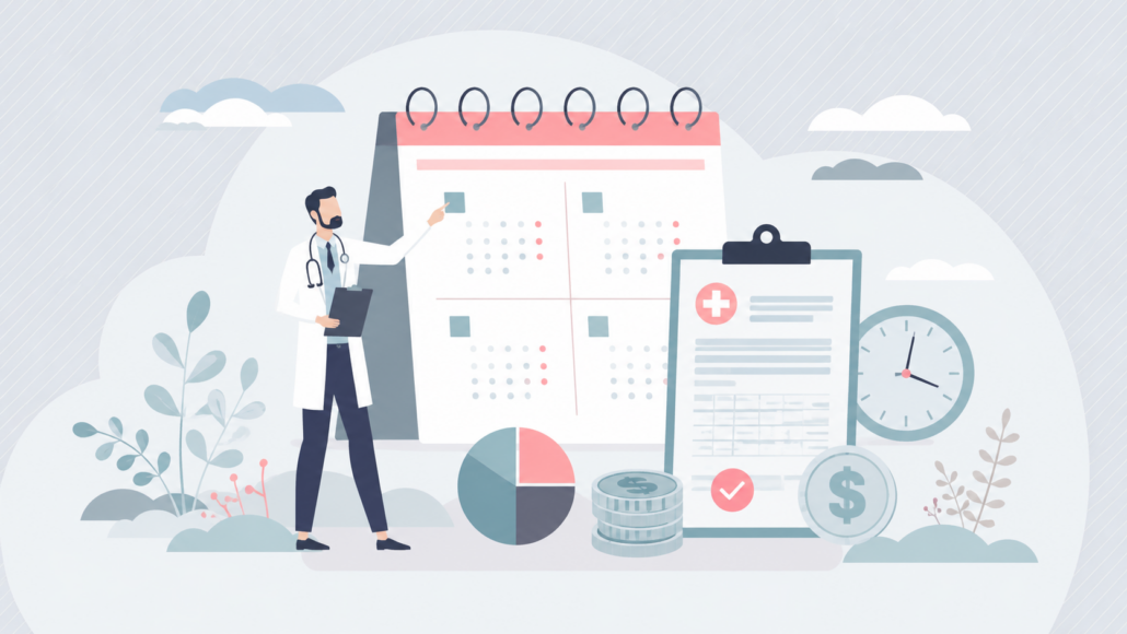 Illustration of a doctor reviewing a calendar, tax documents, and financial charts for quarterly estimated tax planning