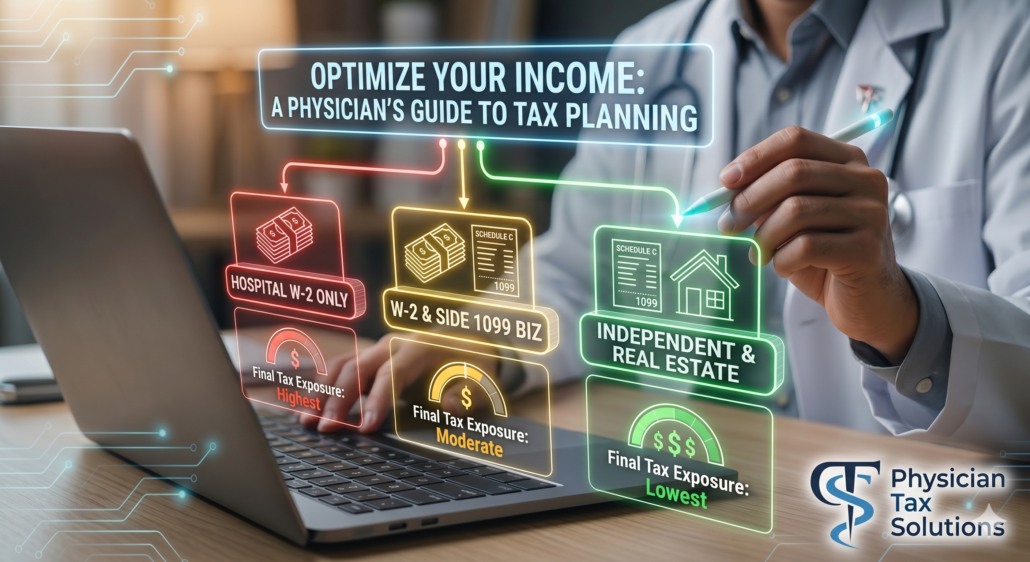 A physician using a laptop with a glowing holographic chart comparing tax exposure levels for hospital W-2 wages, 1099 side businesses, and independent real estate investments.