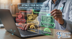 A physician using a laptop with a glowing holographic chart comparing tax exposure levels for hospital W-2 wages, 1099 side businesses, and independent real estate investments.