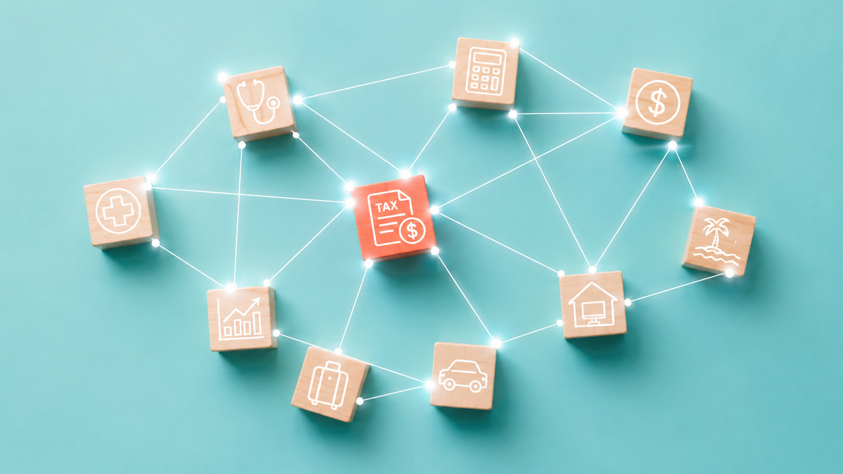 Network of tax, medical, finance, home office, travel, and retirement icons representing tax planning for physicians with 1099 income.