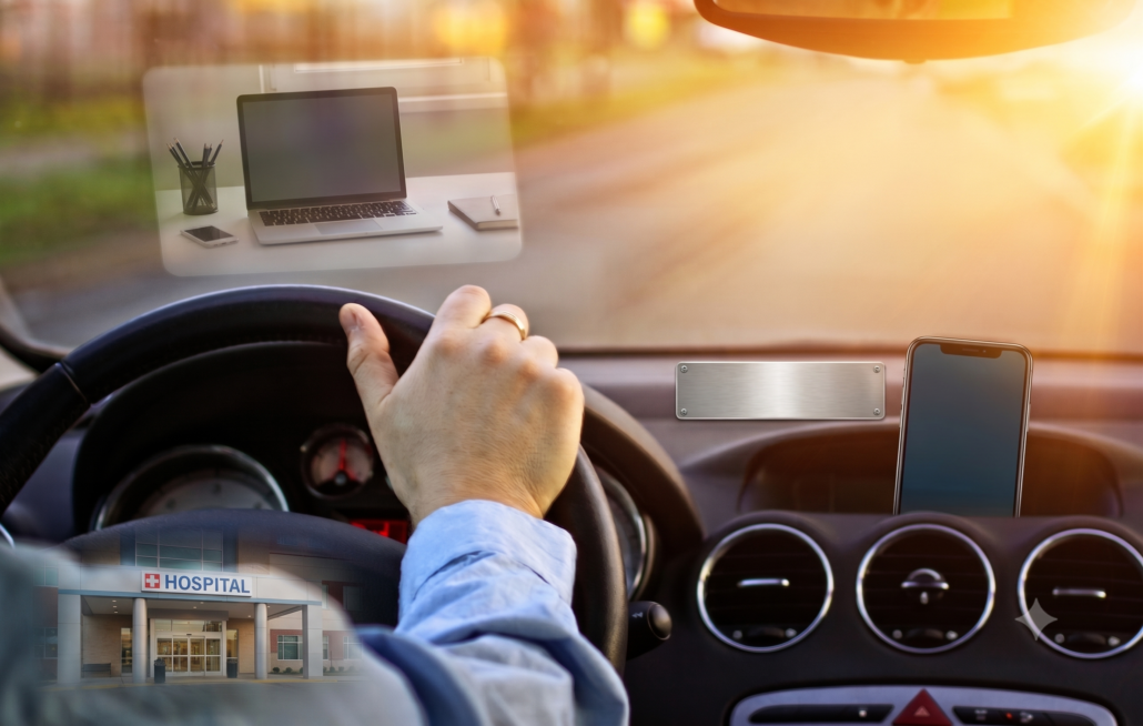 A physician driving a car toward a clinic with soft overlay windows showing a home office computer and a hospital front entrance.