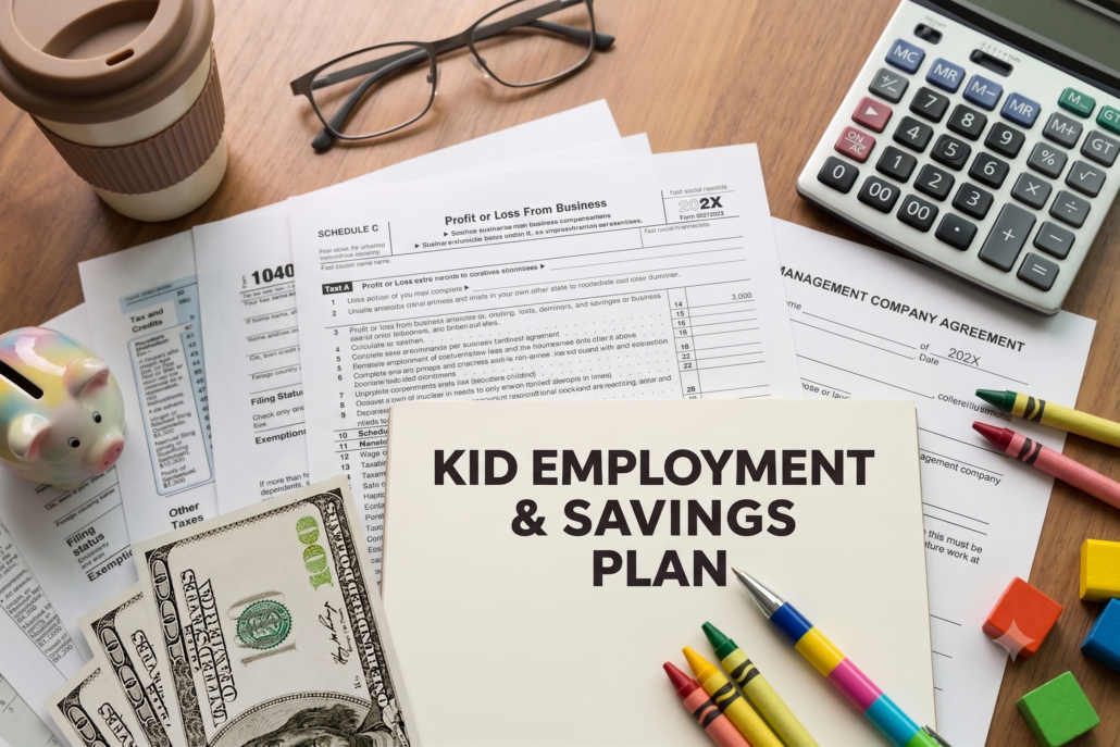 Top-down desktop view of tax forms, US dollar bills, a calculator, crayons, and a notepad reading Kid Employment and Savings Plan for 1099 physician tax strategies.