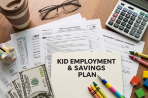 Top-down desktop view of tax forms, US dollar bills, a calculator, crayons, and a notepad reading Kid Employment and Savings Plan for 1099 physician tax strategies.