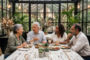 A diverse group dining in a sunlit, plant-filled glass conservatory, illustrating professional business meal write-offs and Section 274 meal deductions for physicians.