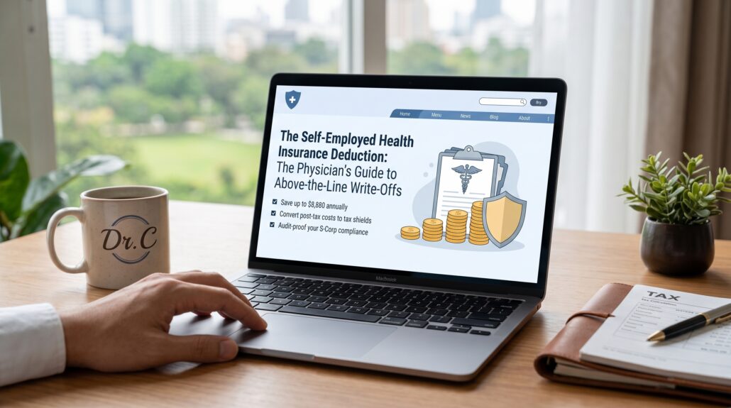 A physician with a personalized "Dr. C" coffee mug sits at a wooden desk with a laptop displaying a webpage for a guide to above-the-line health insurance write-offs. A clipboard with a medical caduceus and a stack of coins are illustrated next to the text.