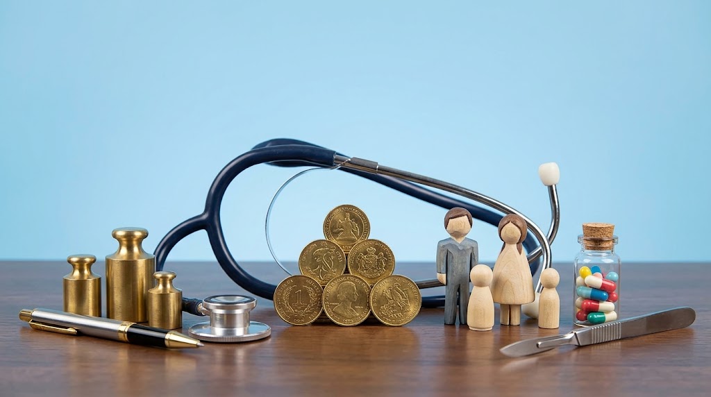 Stethoscope, stacked gold coins, family wooden figurines, and medical tools illustrating a Section 105 MERP tax strategy for physicians